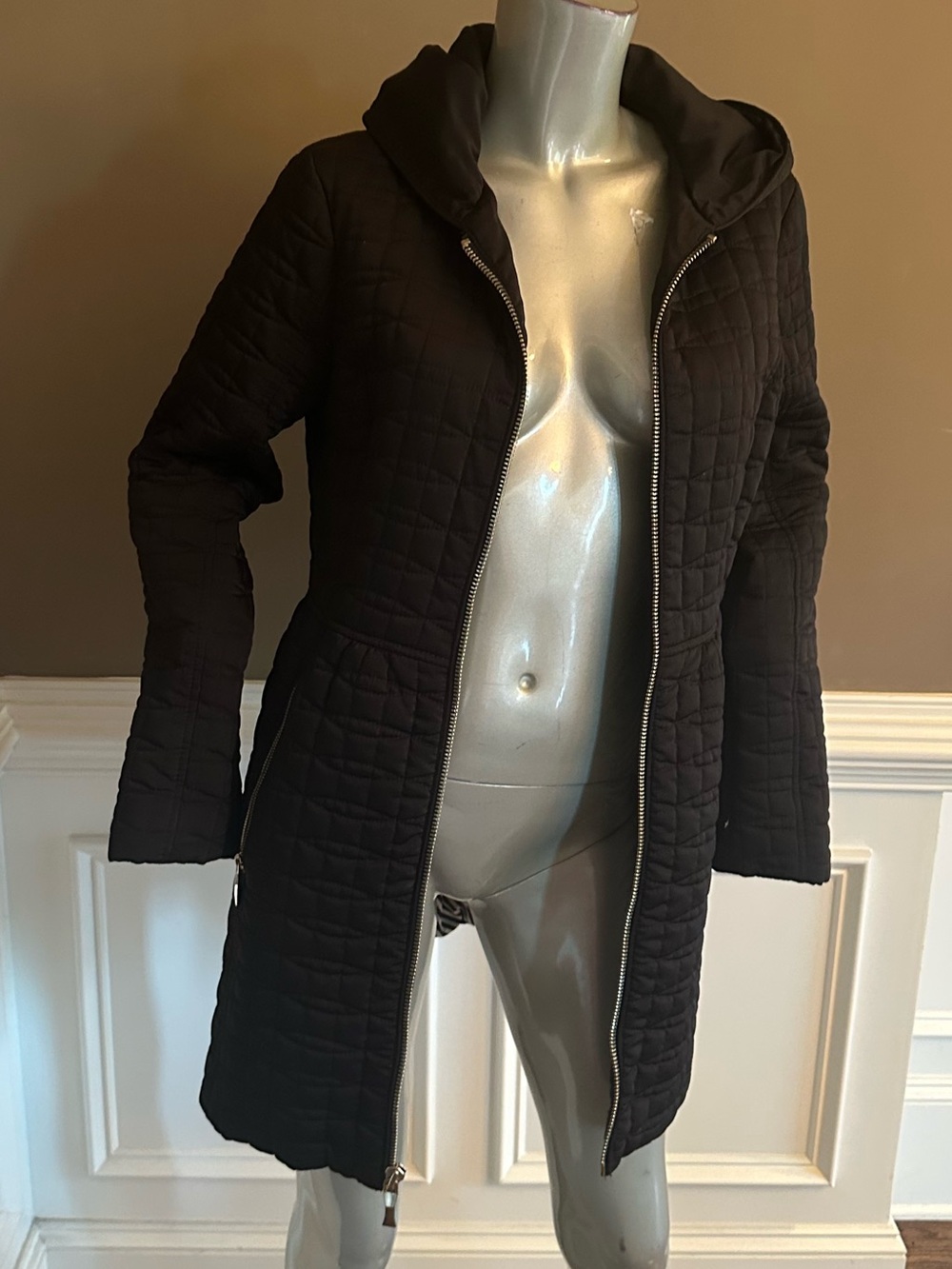 Kate Spade Quilted Black Hooded Zip Coat Sz  Small